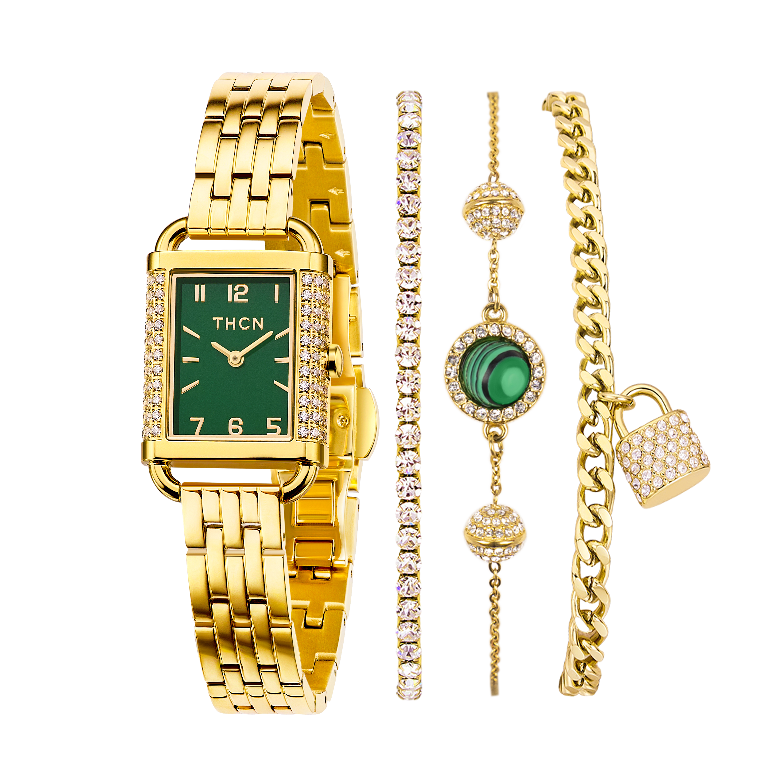 THCN Ladies Gold Watch & Malachite Bracelets Gift Set (One Watch & Three Free Bracelets)