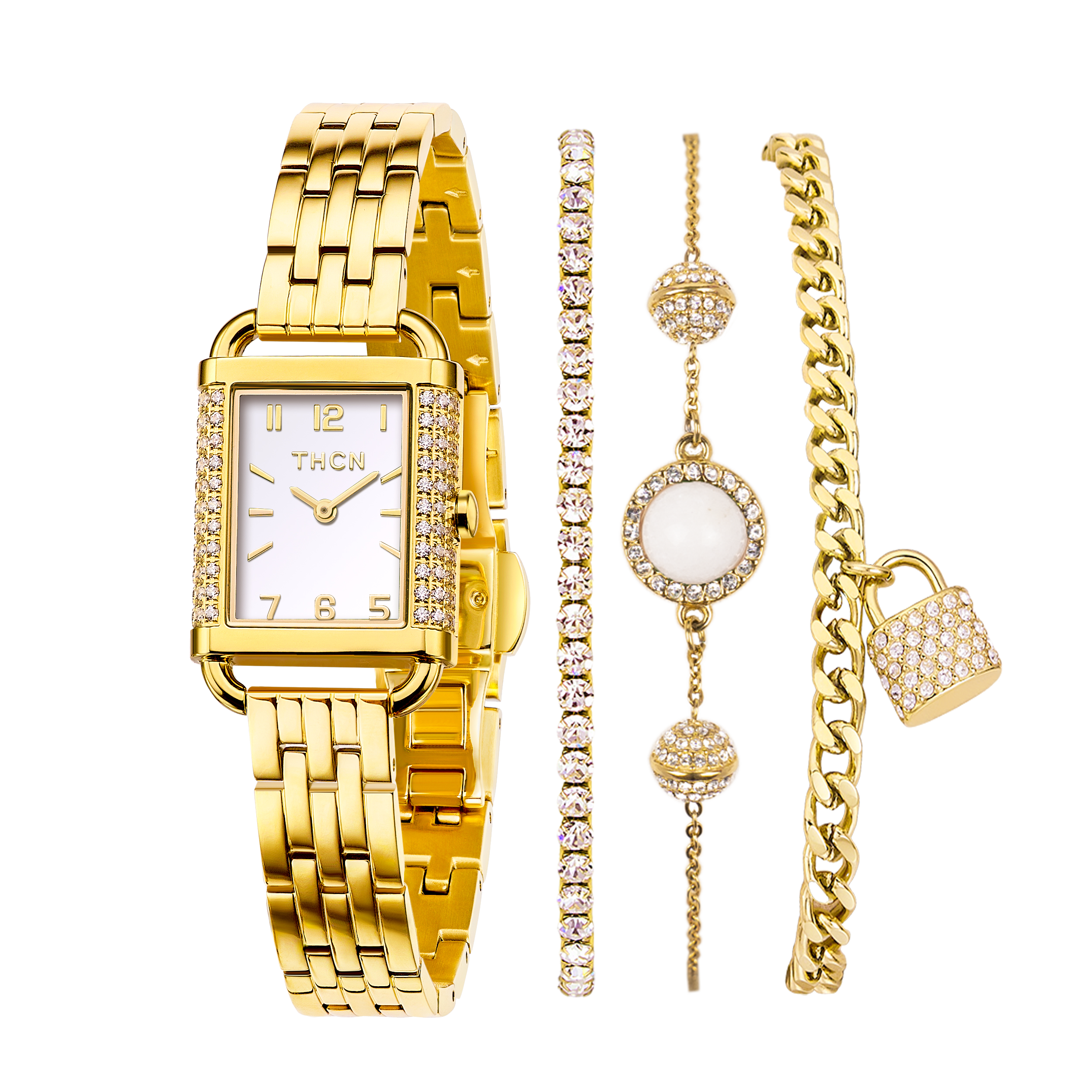 THCN Ladies Gold Watch & White Onyx Bracelets Gift Set (One Watch & Three Free Bracelets)