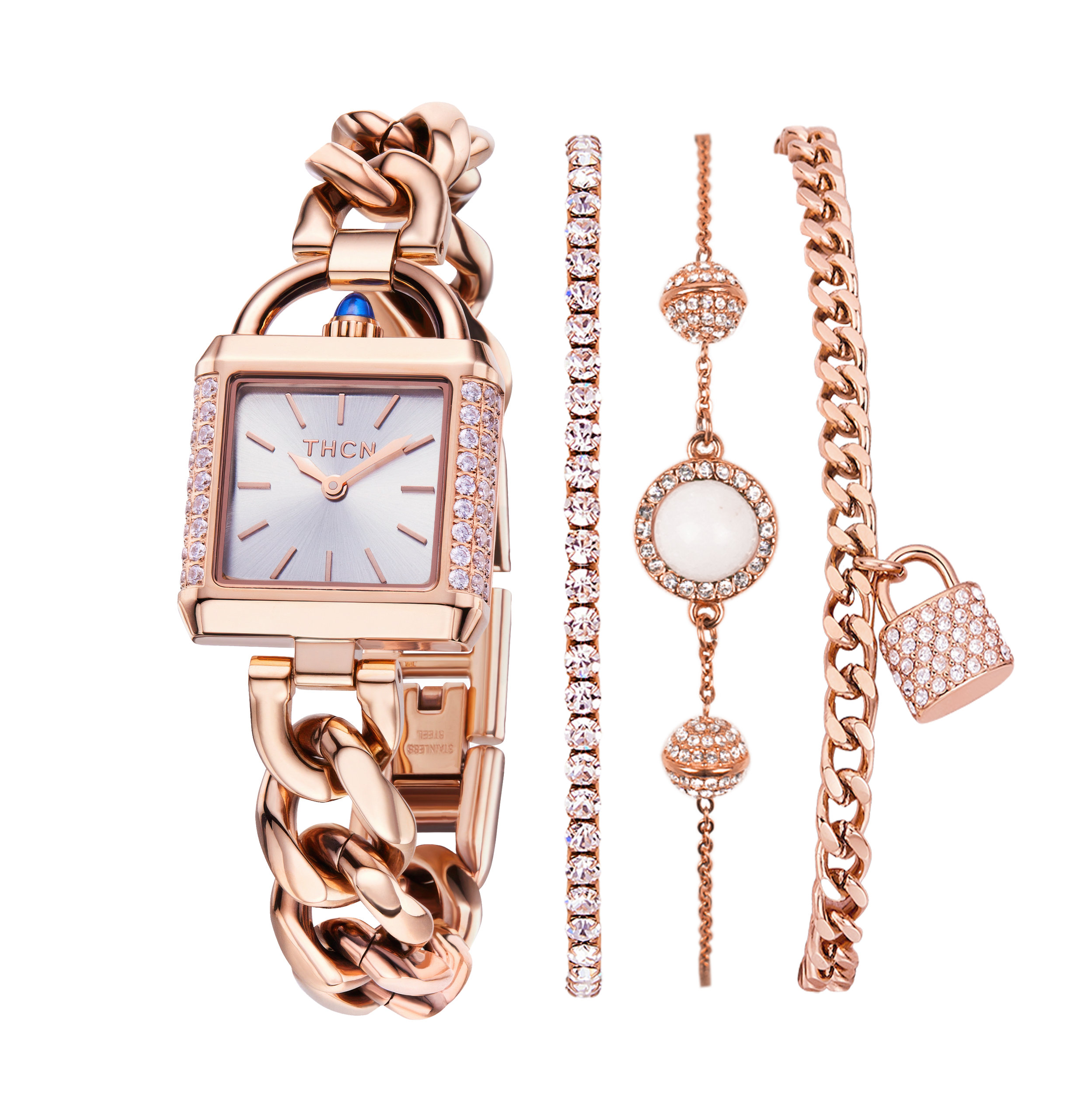THCN Ladies Rosegold Watch & White Onyx Bracelets Gift Set (One Watch & Three Free Bracelets)