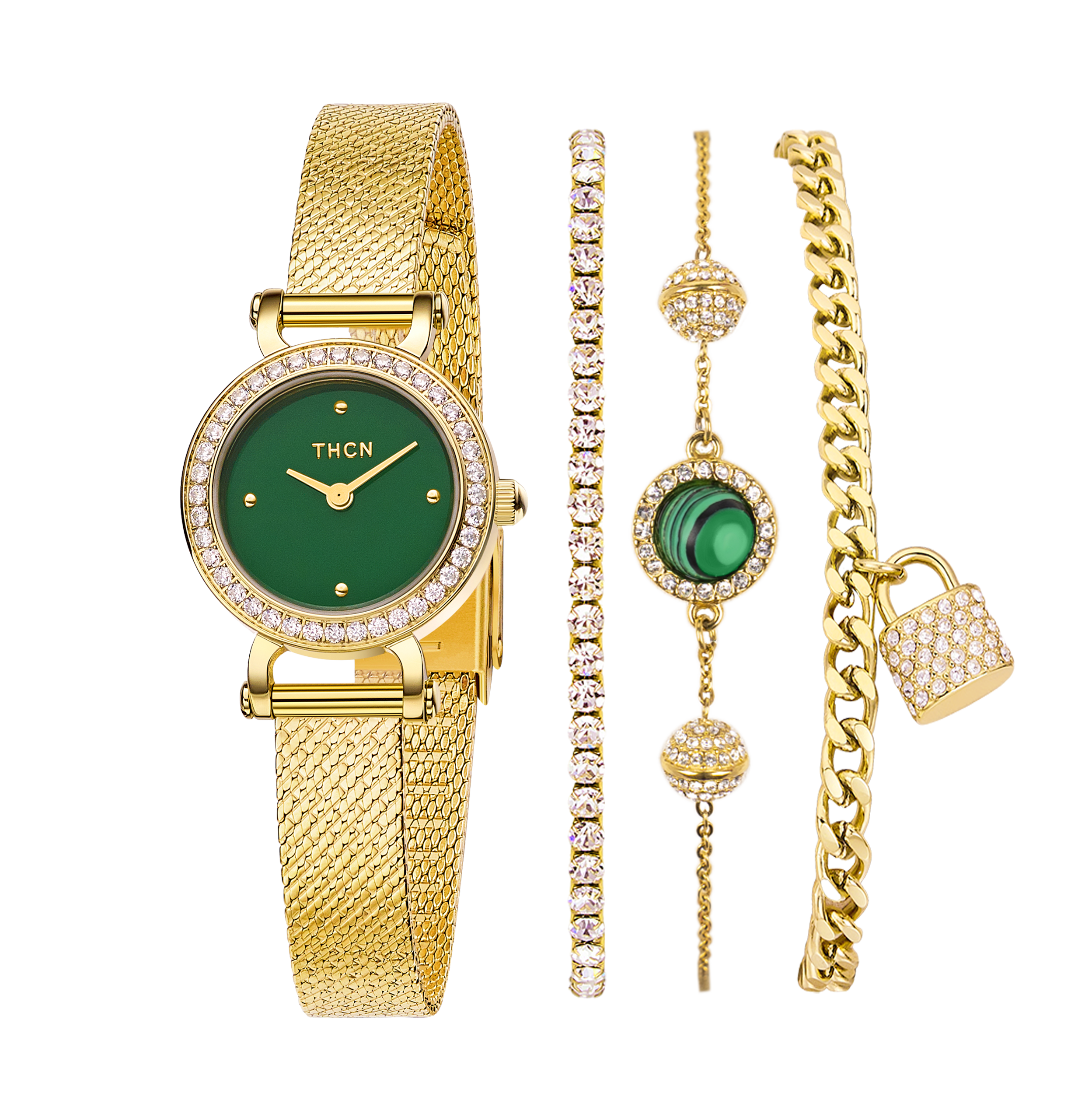 THCN Ladies Gold Watch & Malachite Bracelets Gift Set (One Watch & Three Free Bracelets)