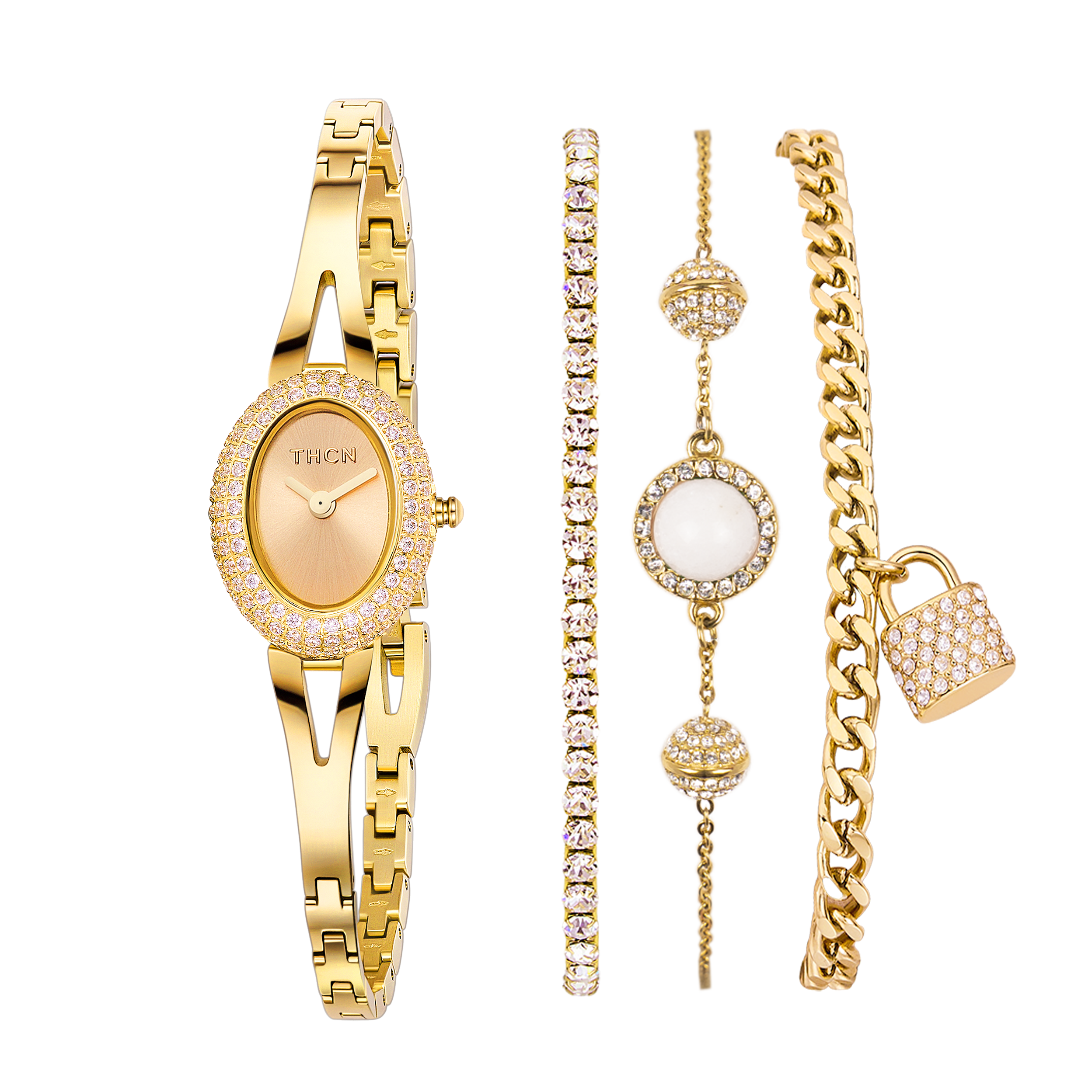 THCN Ladies Gold Watch & White Onyx Bracelets Gift Set (One Watch & Three Free Bracelets)