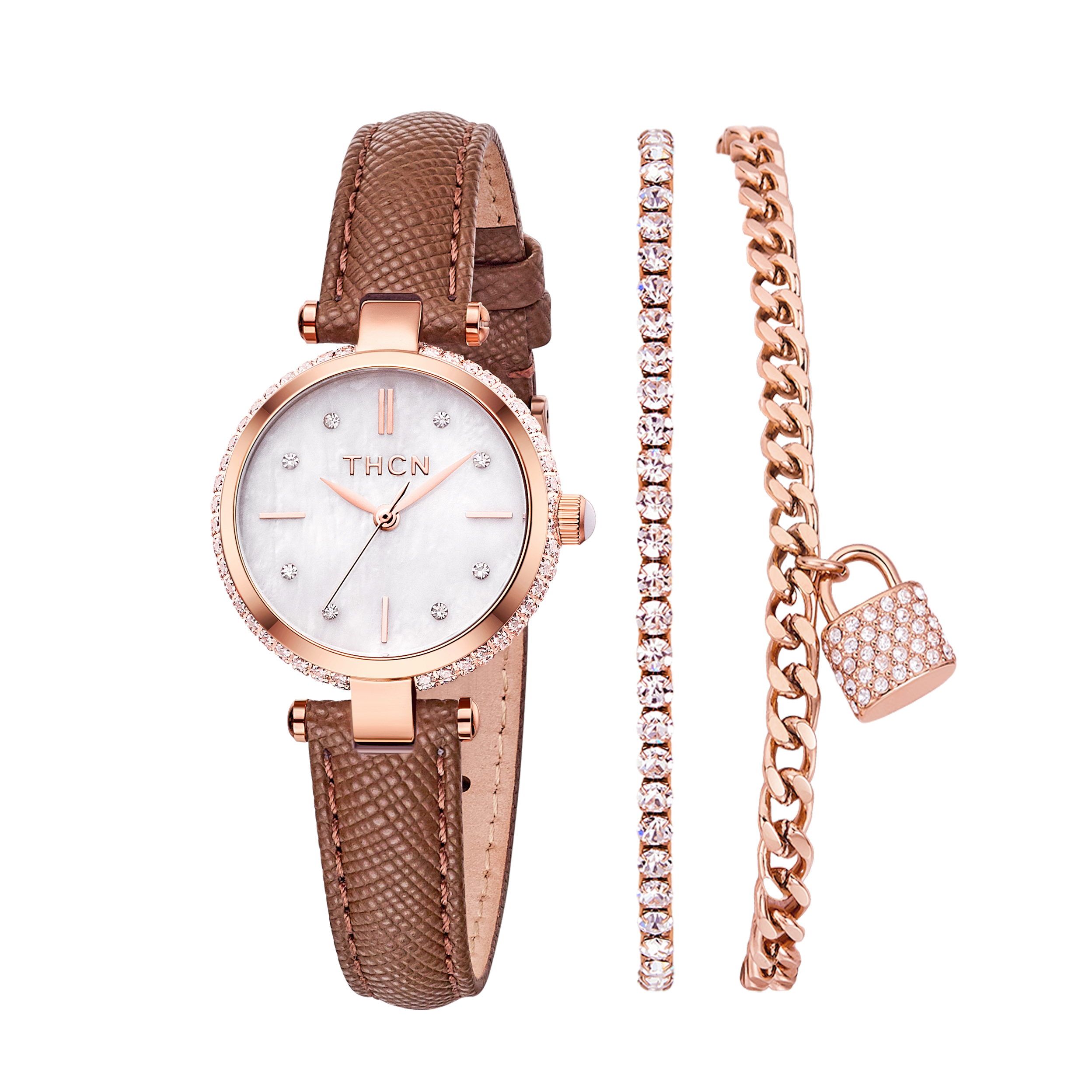 THCN Ladies Brown Leather Watch & Rosegold Bracelets Gift Set (One Watch & Two Free Bracelets)