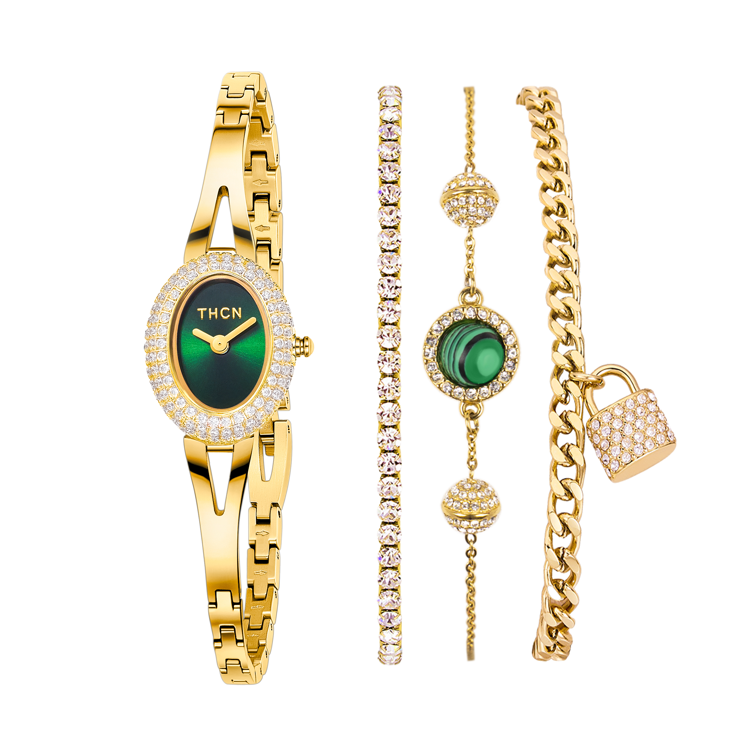 THCN Ladies Gold Watch & Malachite Bracelets Gift Set (One Watch & Three Free Bracelets)