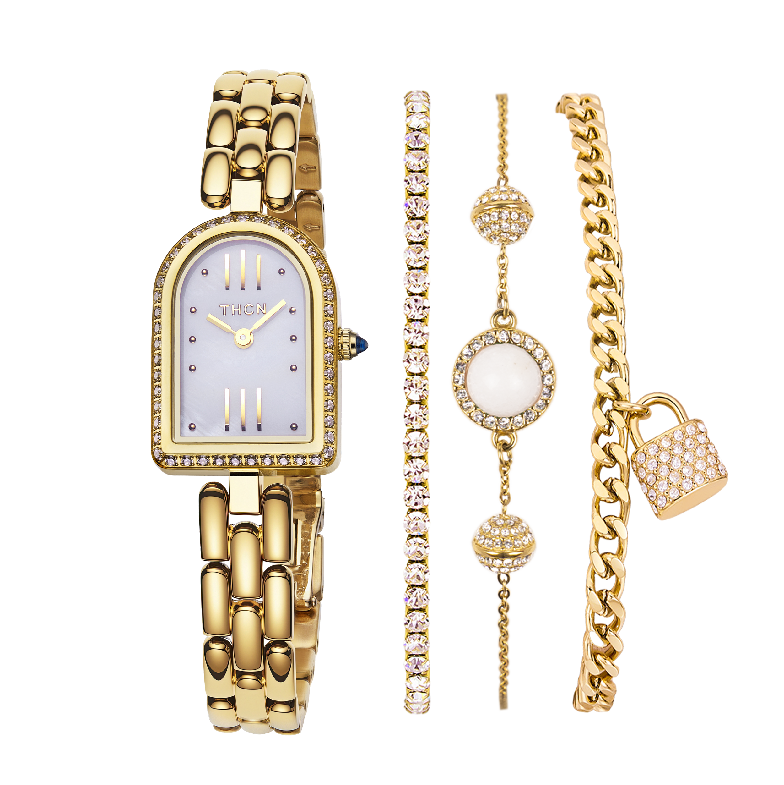 THCN Ladies Gold Watch & White Onyx Bracelets Gift Set (One Watch & Three Free Bracelets)