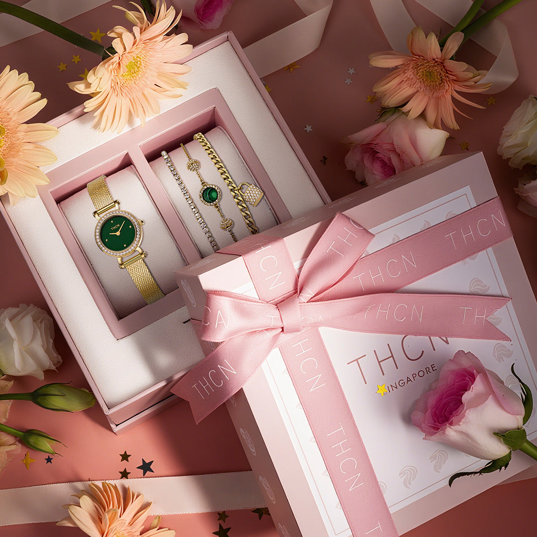 THCN Ladies Gold Watch & Malachite Bracelets Gift Set (One Watch & Three Free Bracelets)