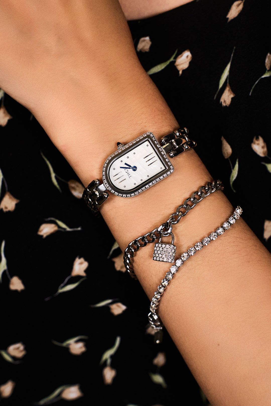 Pavé Lock Chain Silver Plated Stainless Steel Bracelet