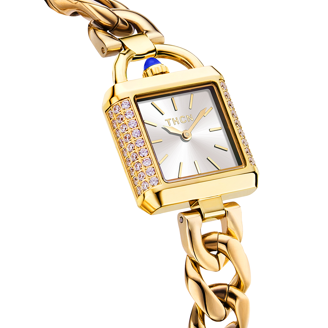 THCN Ladies Gold Watch & White Onyx Bracelets Gift Set (One Watch & Two Bracelets)