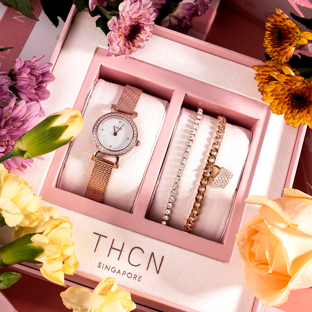 THCN Ladies Rosegold Watch & Bracelets Gift Set (One Watch & Two Free Bracelets)