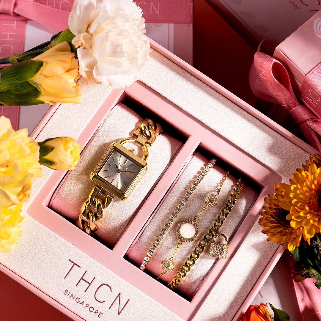 THCN Ladies Gold Watch & White Onyx Bracelets Gift Set (One Watch & Three Free Bracelets)