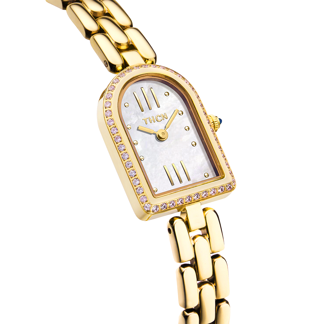 THCN Ladies Gold Watch & White Onyx Bracelets Gift Set (One Watch & Three Free Bracelets)