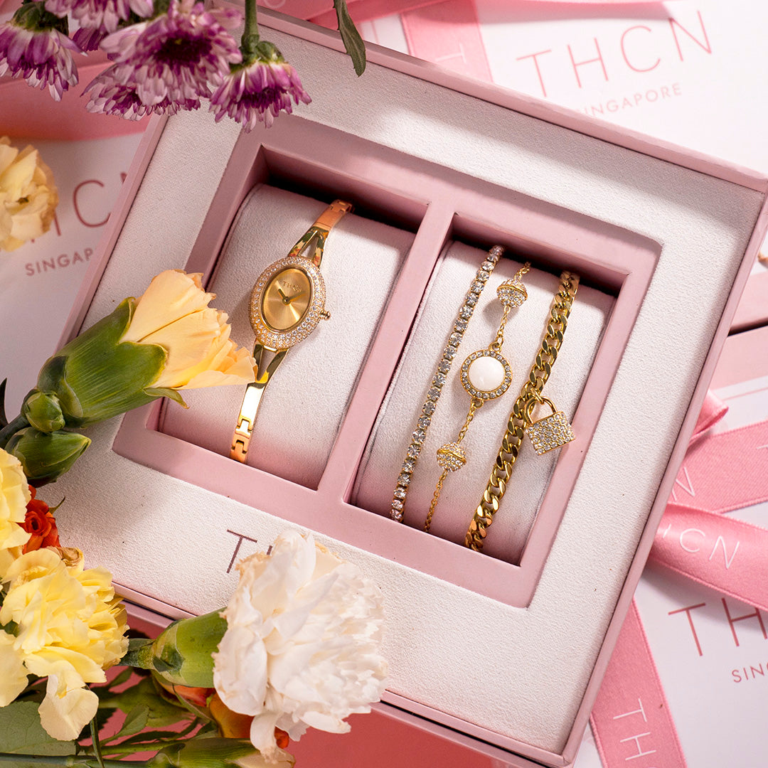 THCN Ladies Gold Watch & White Onyx Bracelets Gift Set (One Watch & Three Free Bracelets)