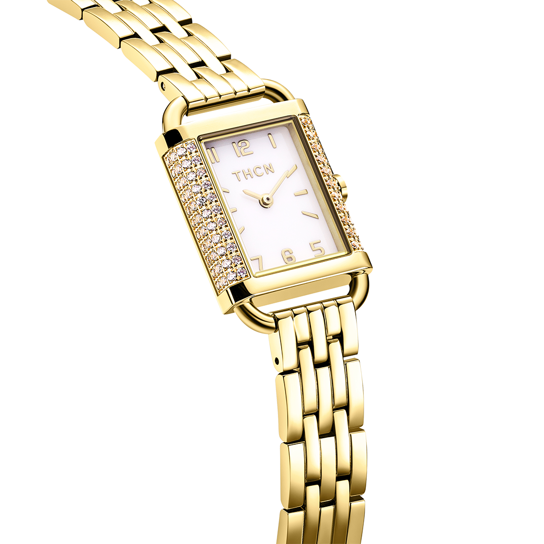 THCN Ladies Gold Watch & White Onyx Bracelets Gift Set (One Watch & Three Free Bracelets)