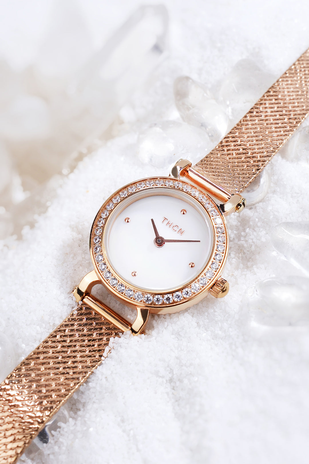THCN C· I Eggshell White Dial Rose Gold Mesh Band Watch