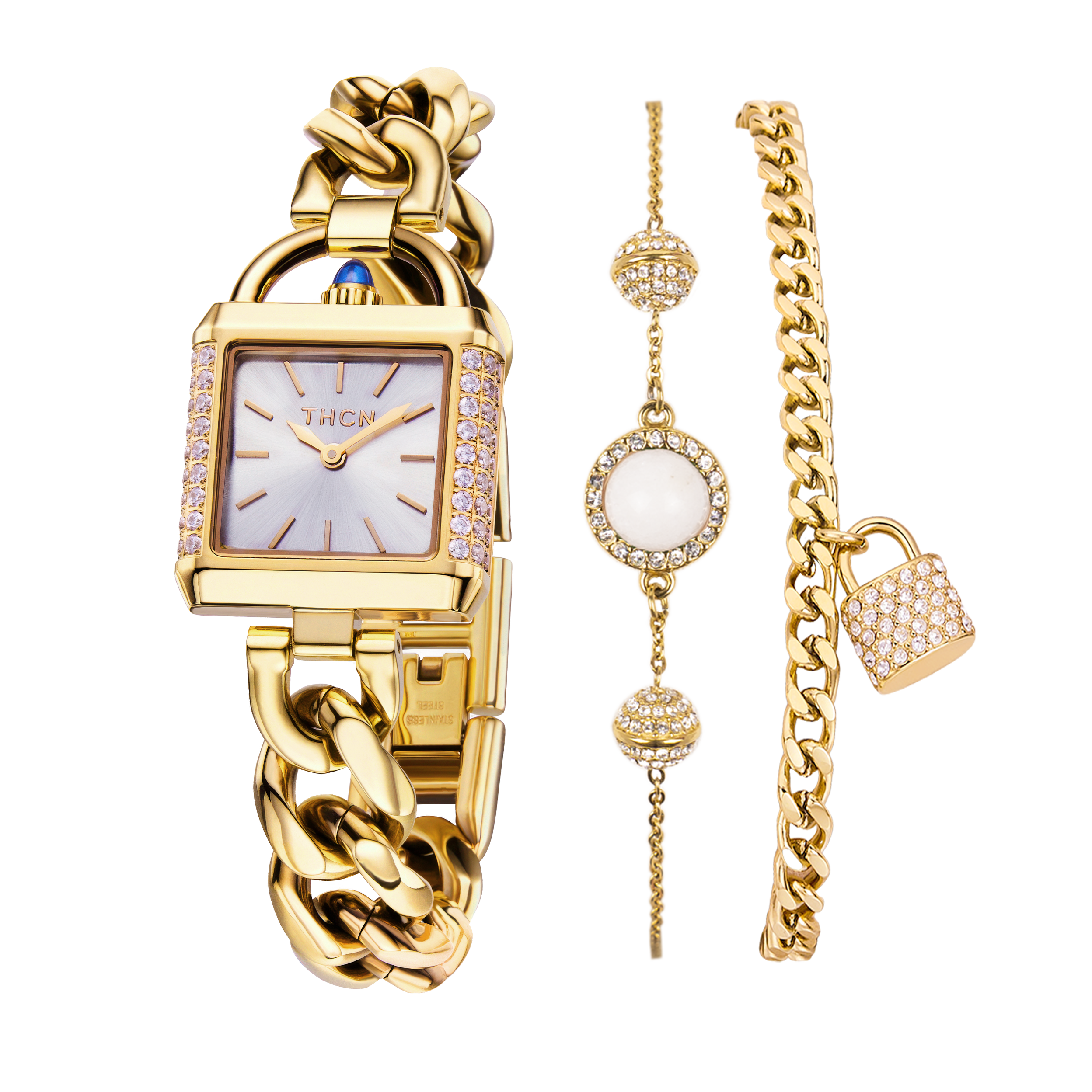 THCN Ladies Gold Watch & White Onyx Bracelets Gift Set (One Watch & Two Bracelets)