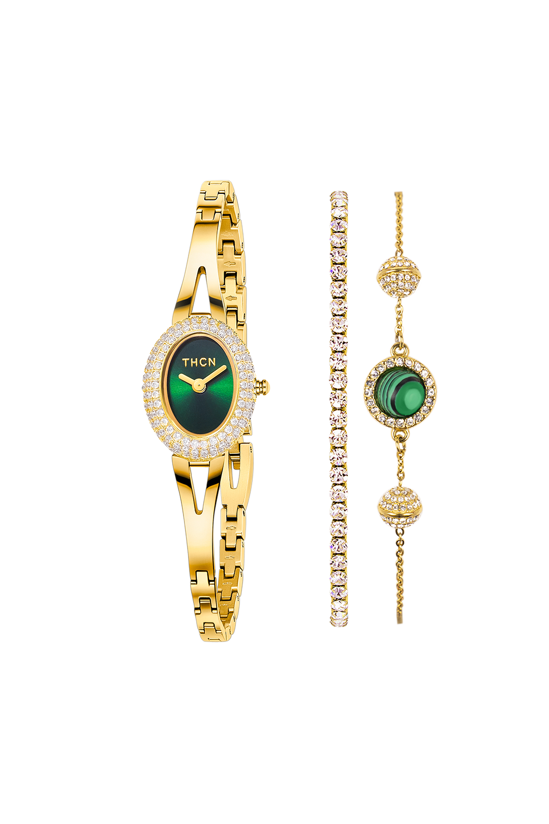 Green Dial Gold Jewelry Watch with Two Bracelets Gift Set