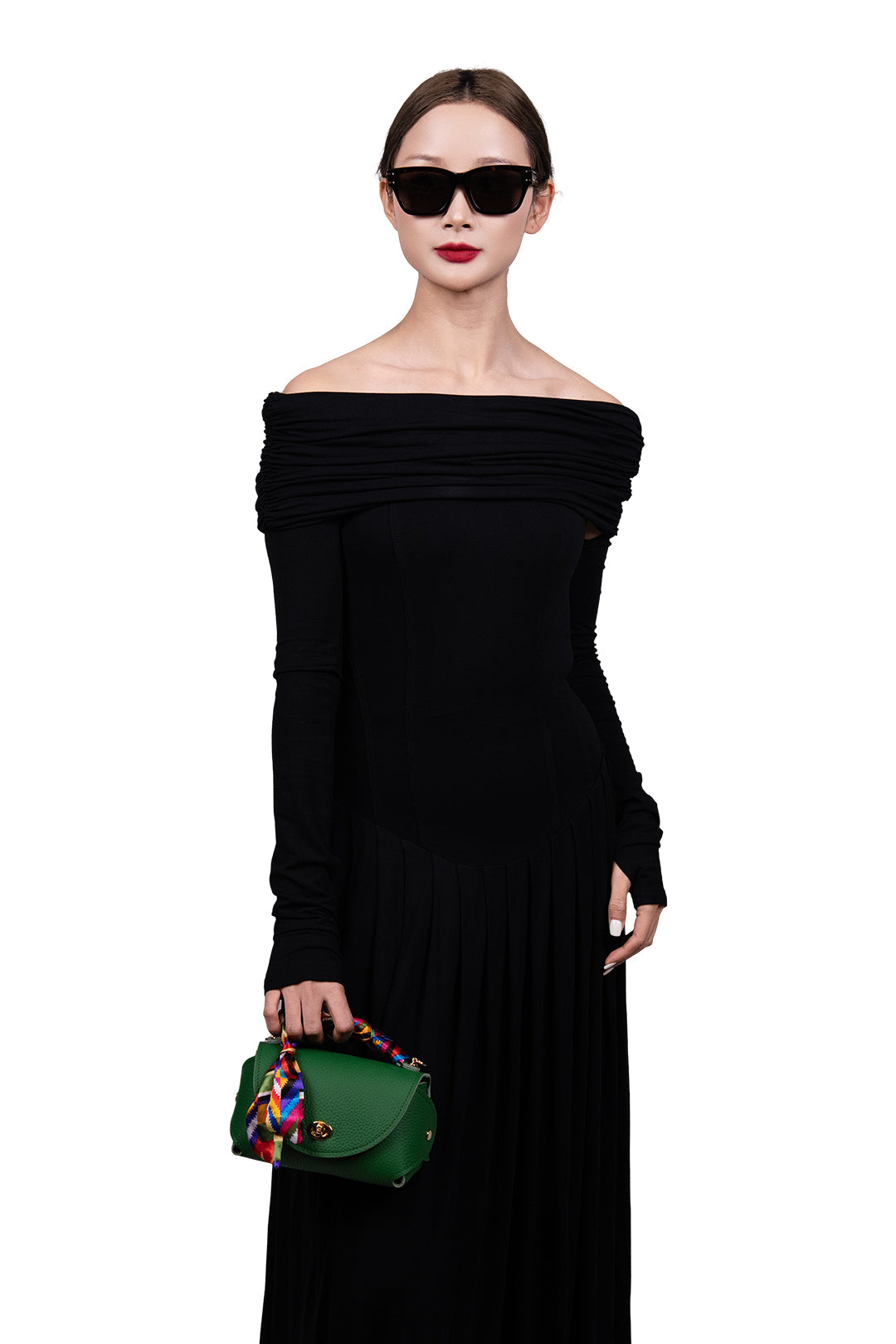 Classic M Green Genuine Leather Crossbody Bag with Scarf