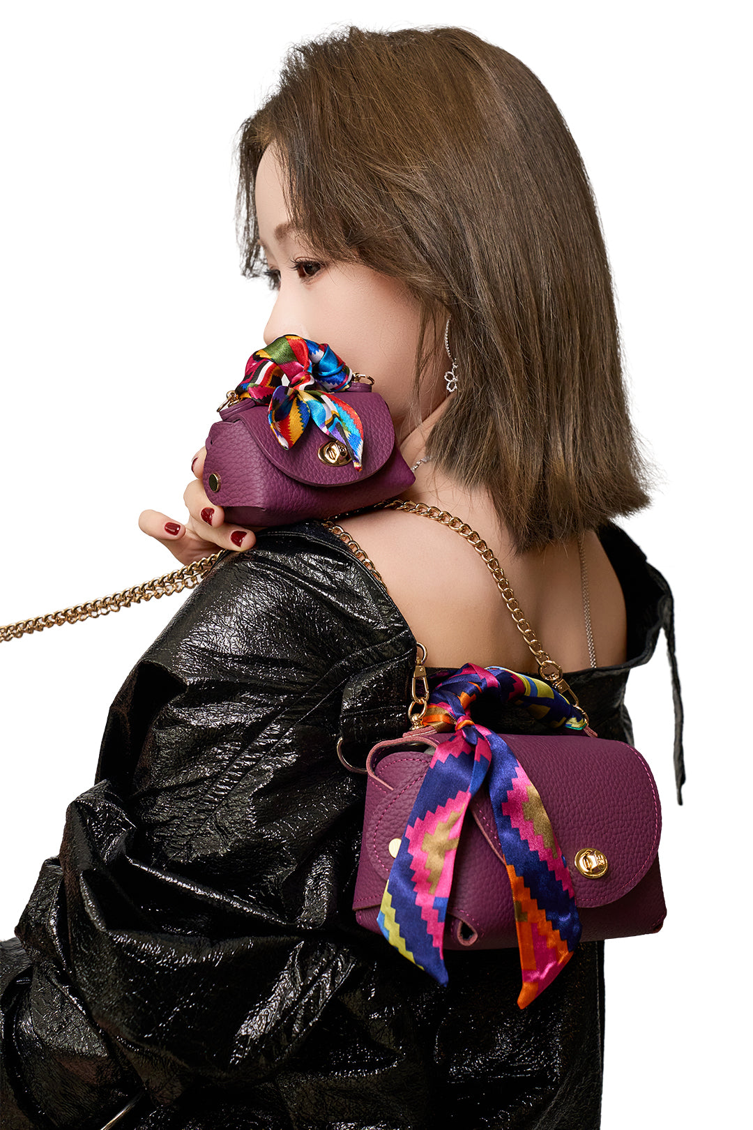 Classic Mini Purple Genuine Leather Crossbody Bag with Scarf