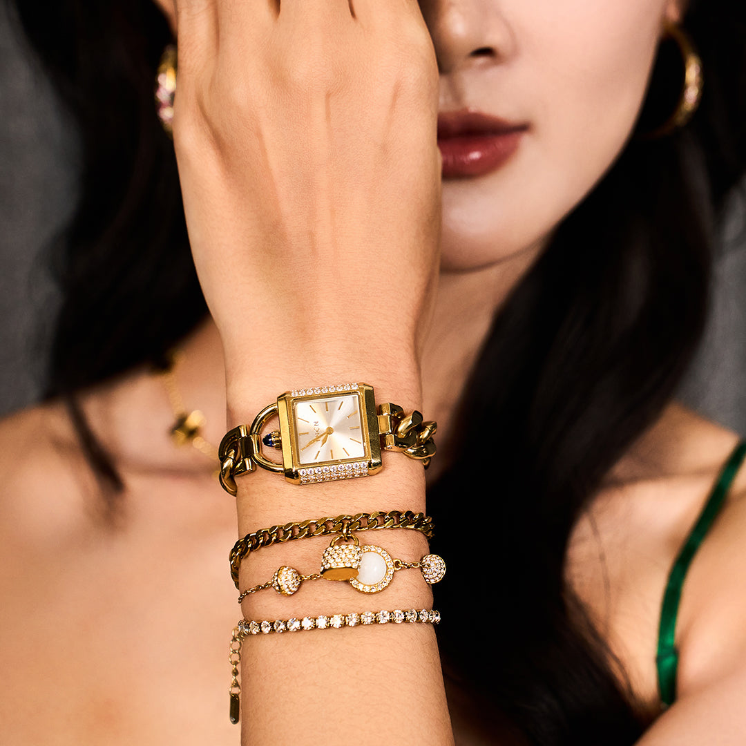 THCN Ladies Gold Watch & White Onyx Bracelets Gift Set (One Watch & Three Free Bracelets)