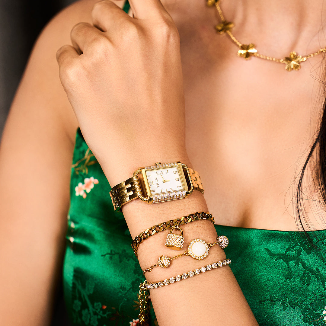 THCN Ladies Gold Watch & White Onyx Bracelets Gift Set (One Watch & Two Bracelets)