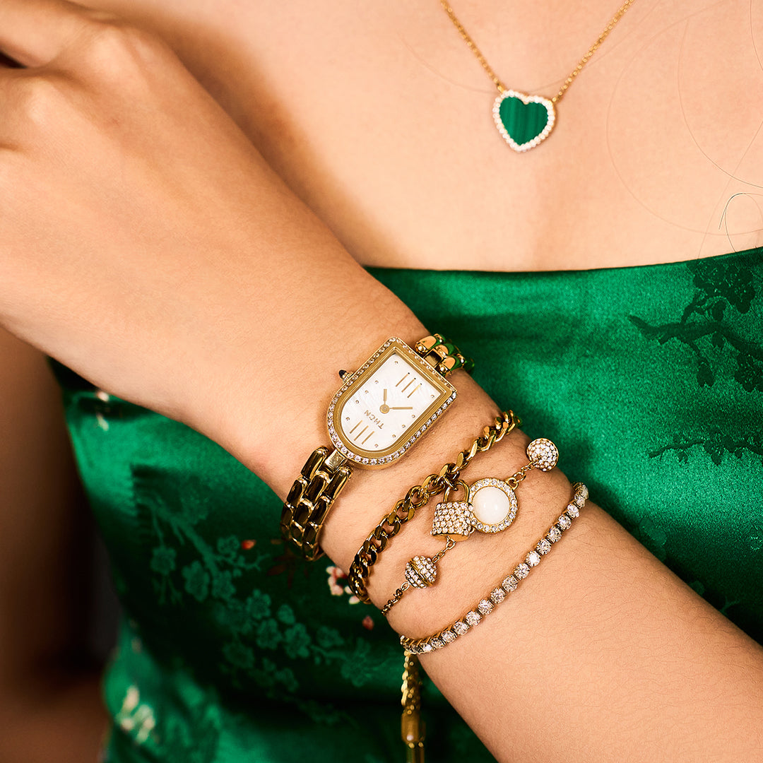 THCN Ladies Gold Watch & White Onyx Bracelets Gift Set (One Watch & Three Free Bracelets)