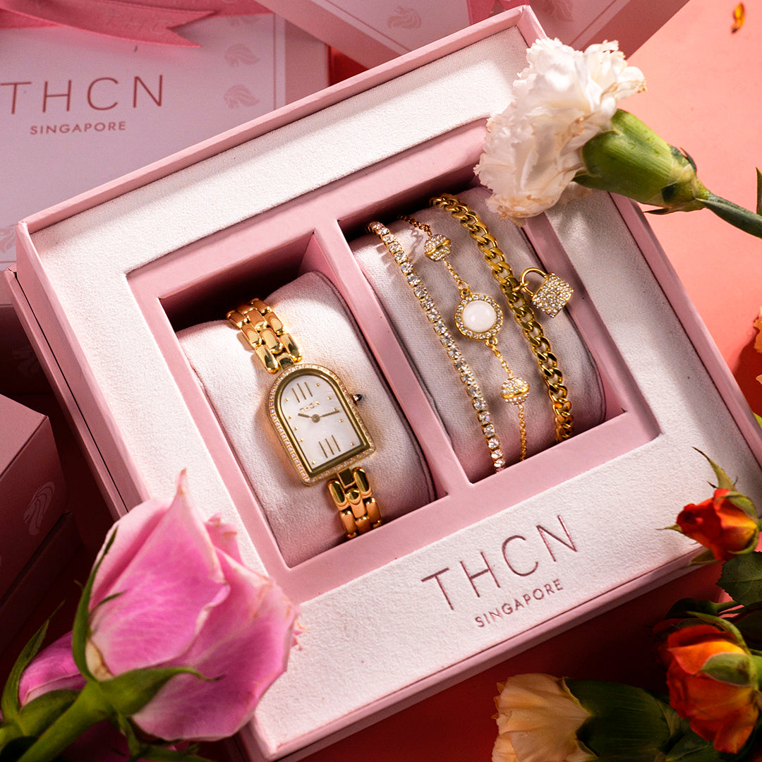 THCN Ladies Gold Watch & White Onyx Bracelets Gift Set (One Watch & Three Free Bracelets)