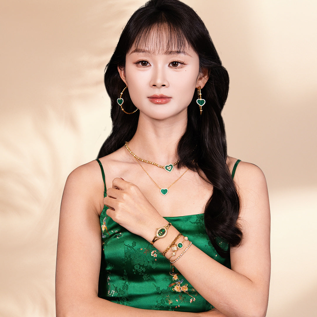 THCN Ladies Gold Watch & Malachite Bracelets Gift Set (One Watch & Three Free Bracelets)