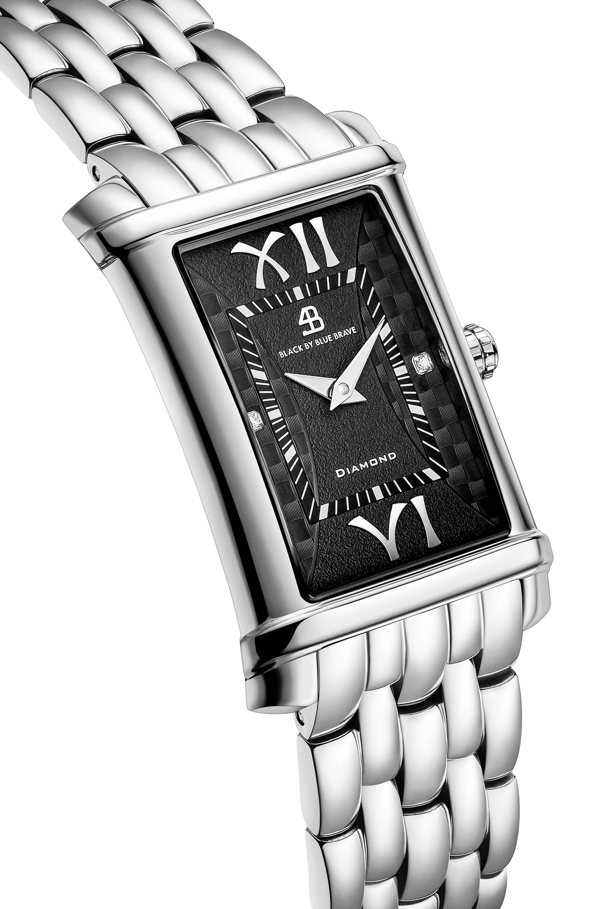 4B Rectangle Black Guilloche Dial Genuine Diamonds Silver