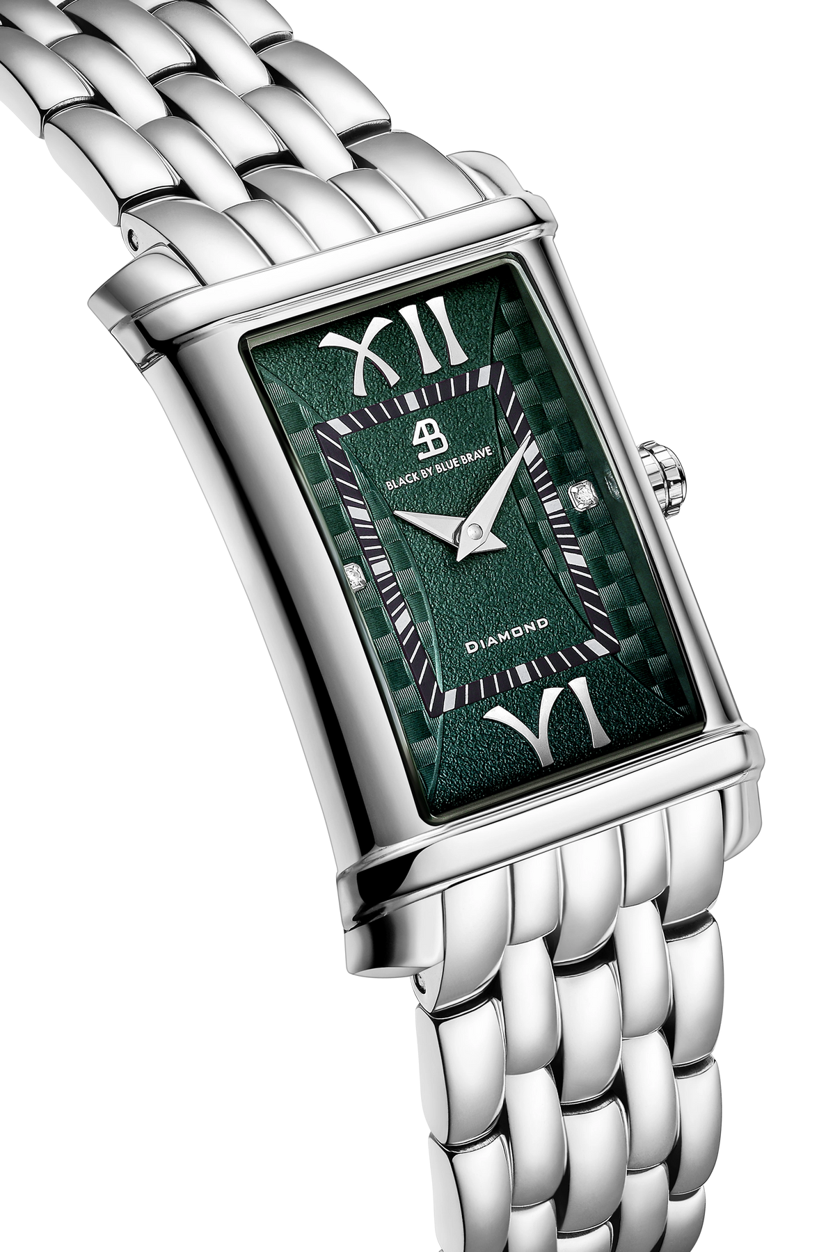 4B Rectangle Green Guilloche Dial Genuine Diamonds Silver