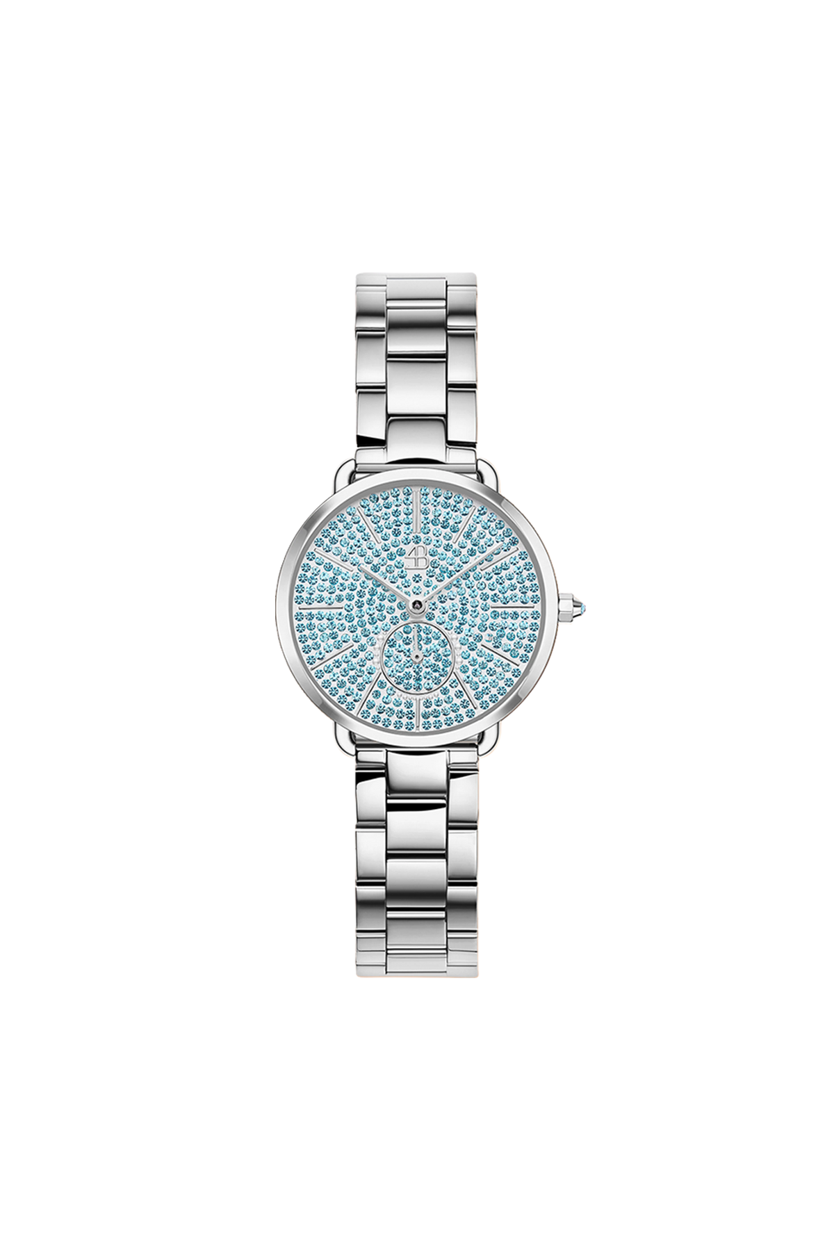 Round Blue Dial Silver Link Watch Bracelet & Blue Bag Set