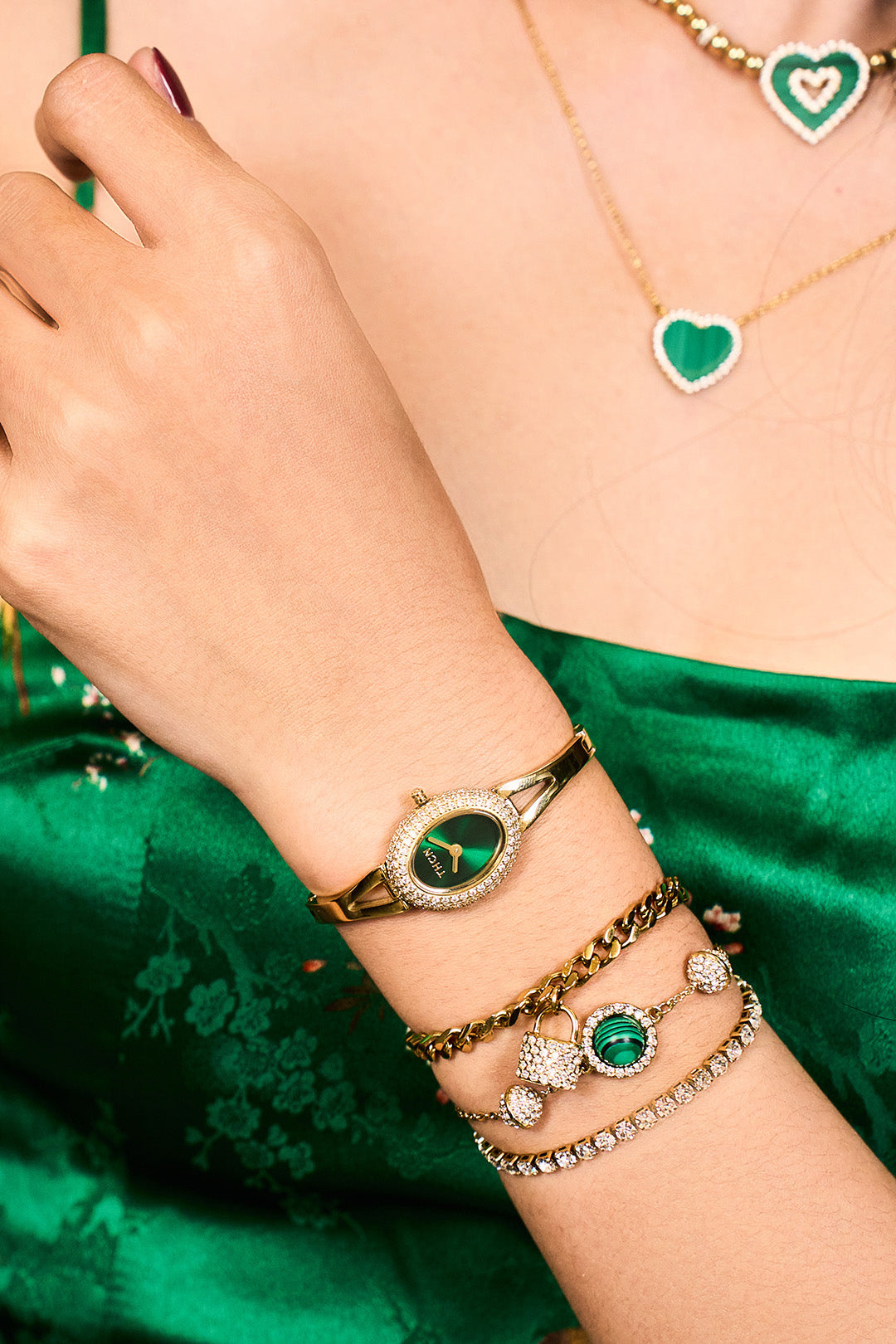 Green Dial Gold Jewelry Watch with Two Bracelets Gift Set