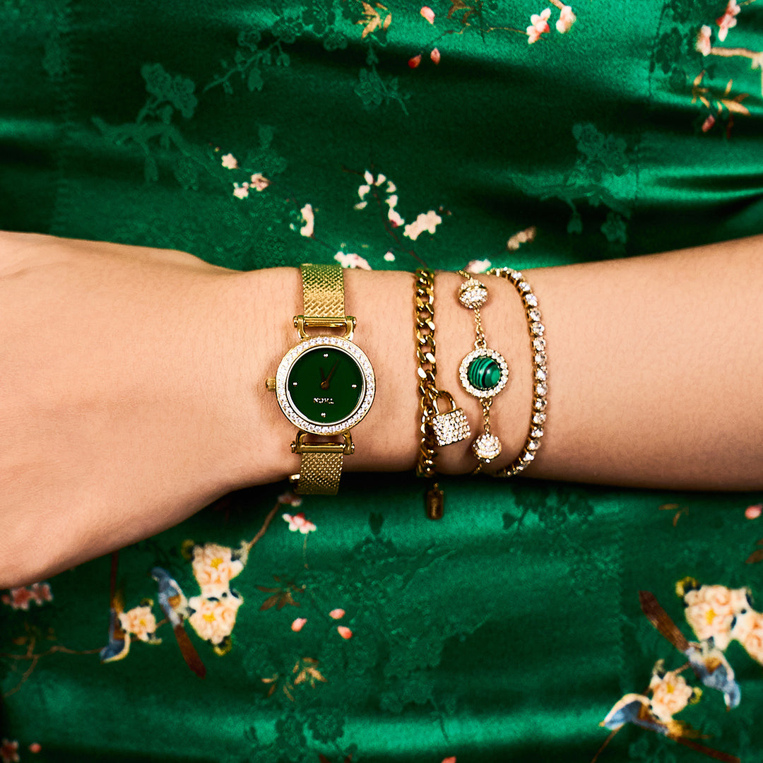 THCN Ladies Gold Watch & Malachite Bracelets Gift Set (One Watch & Three Free Bracelets)