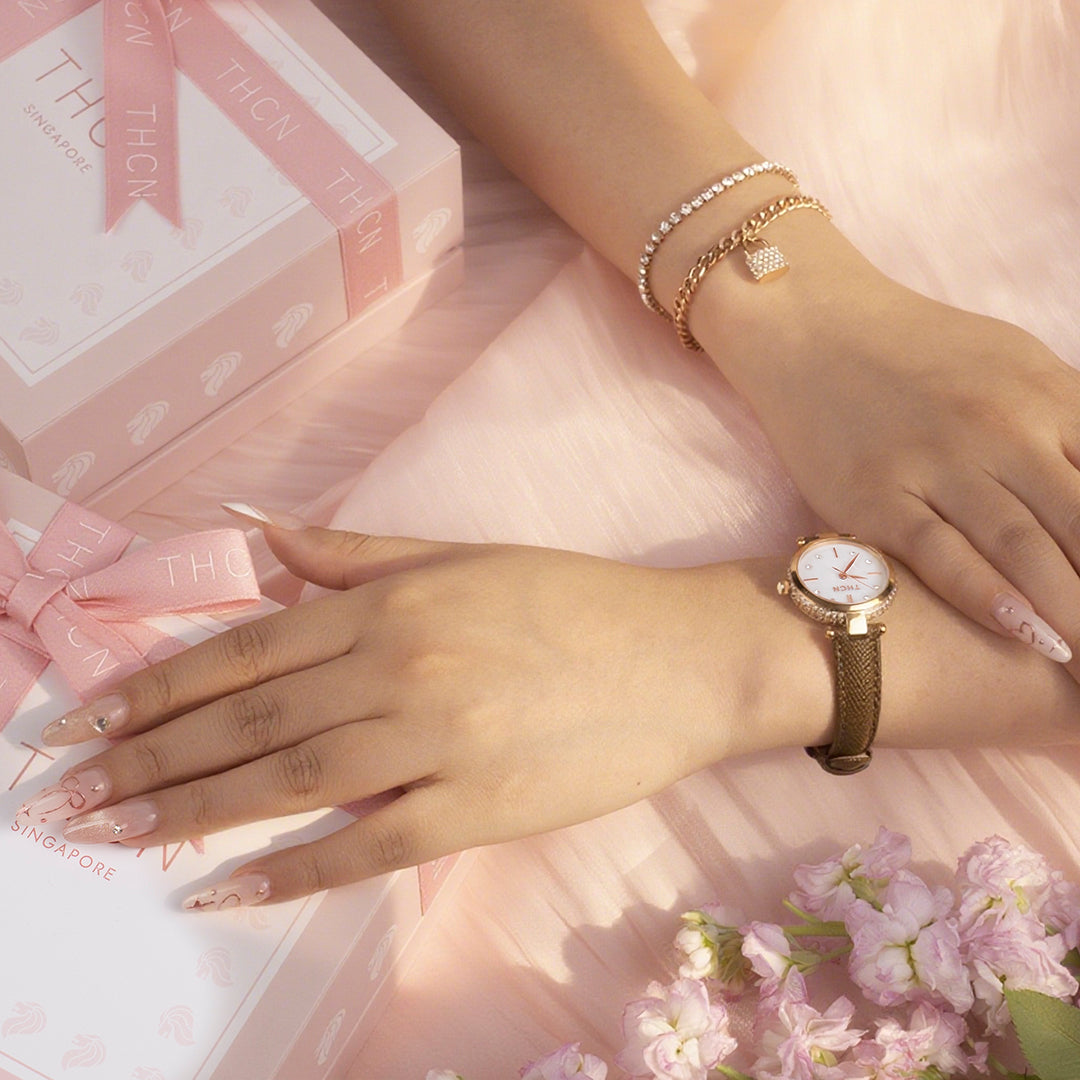 THCN Ladies Brown Leather Watch & Rosegold Bracelets Gift Set