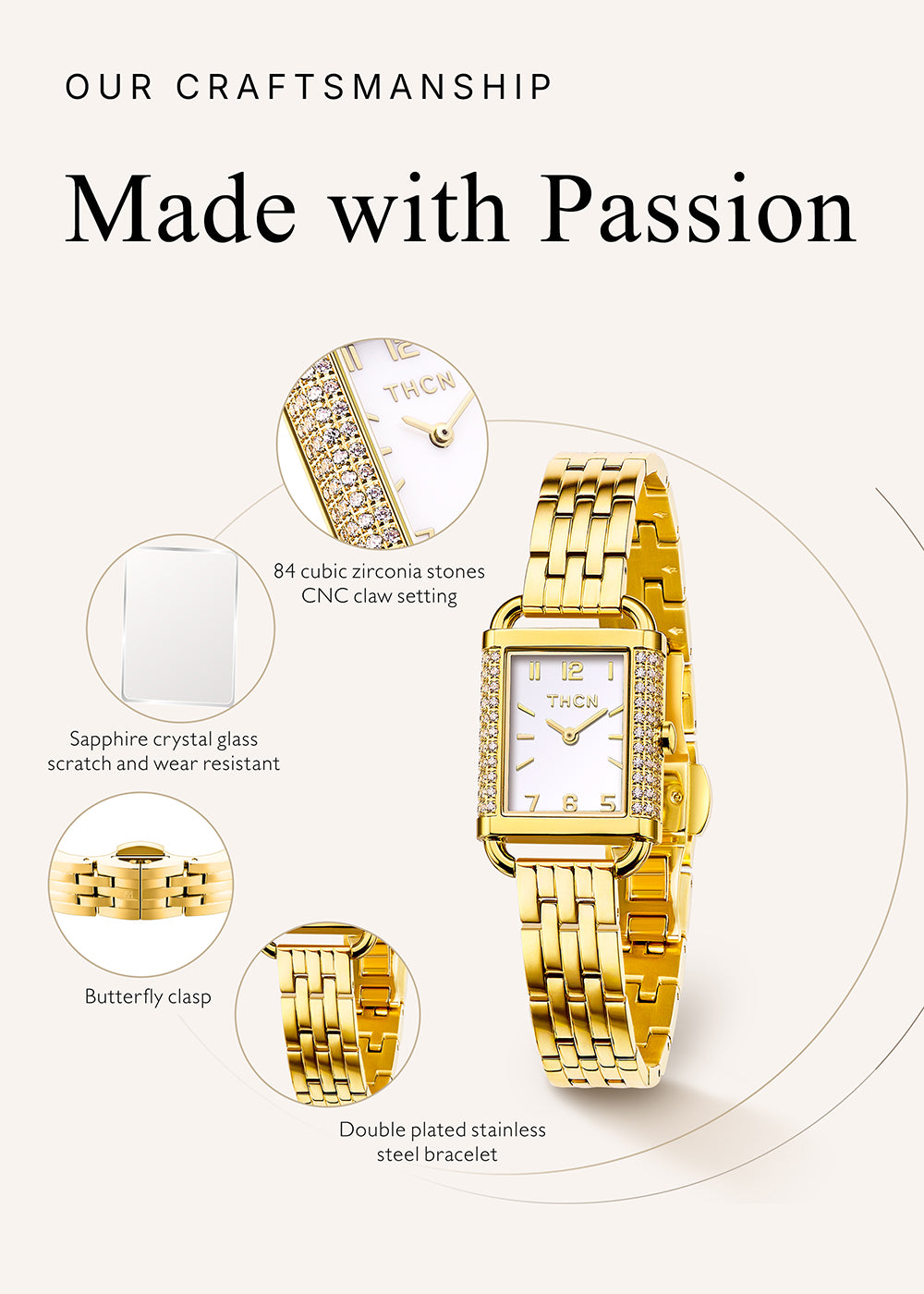 THCN H· I Eggshell White Dial Gold Bracelet Watch
