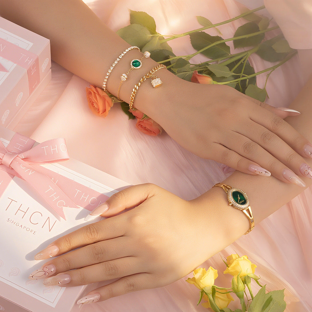 THCN Ladies Gold Watch & Malachite Bracelets Gift Set