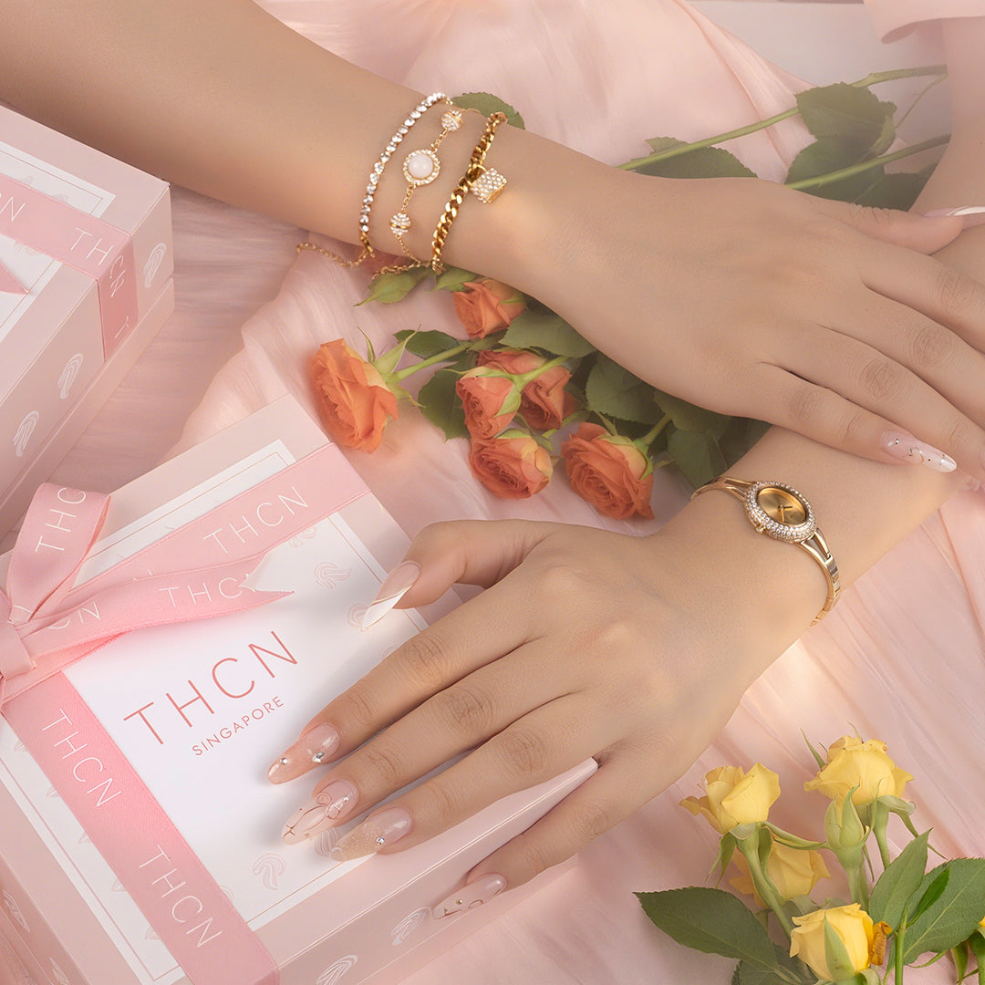 THCN Ladies Gold Watch & White Onyx Bracelets Gift Set