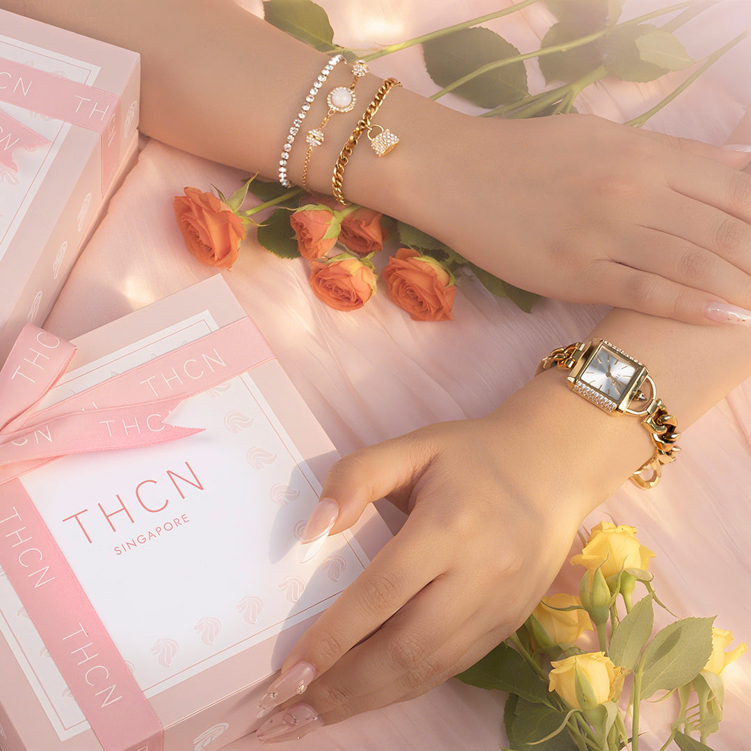 THCN Ladies Gold Watch & White Onyx Bracelets Gift Set