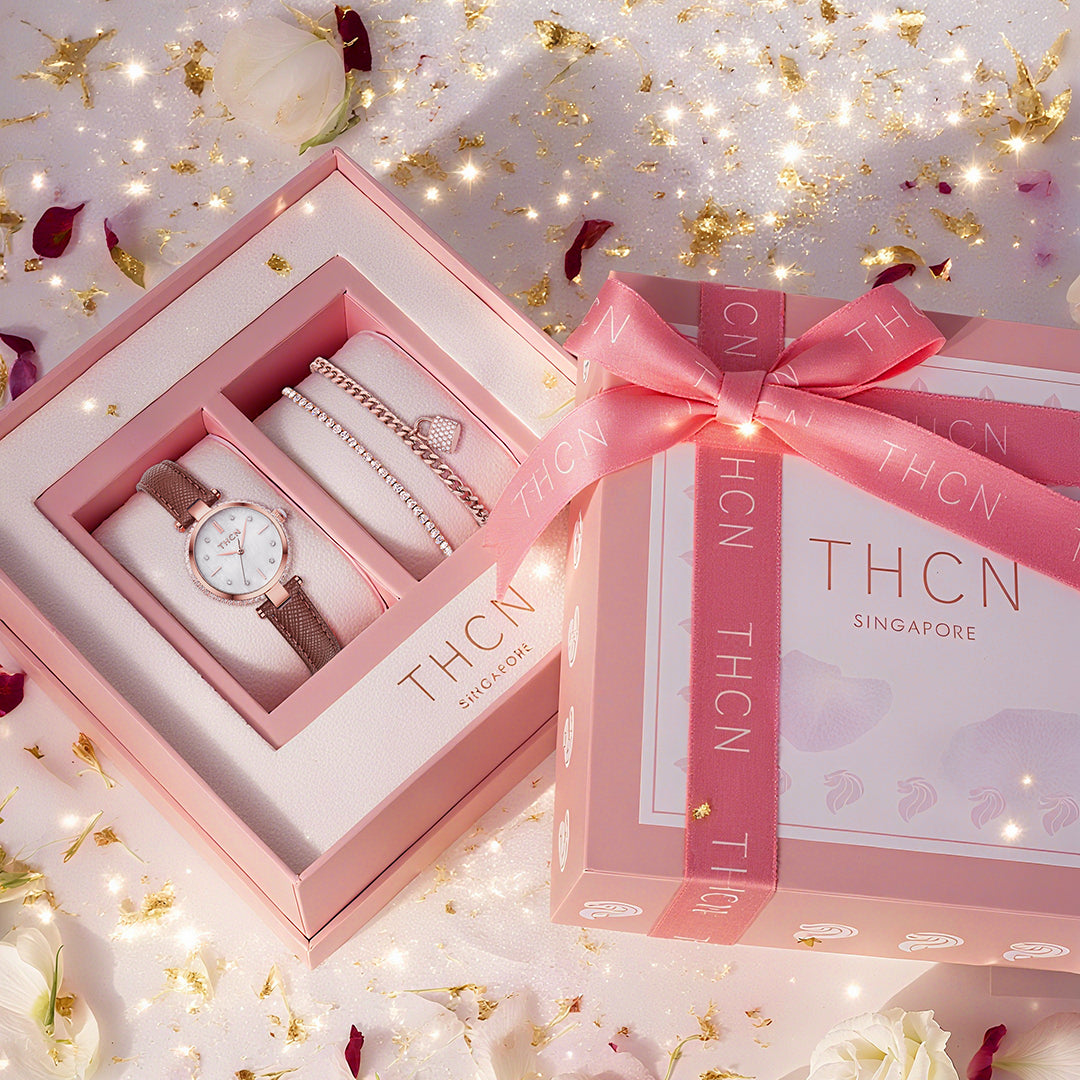 THCN Ladies Brown Leather Watch & Rosegold Bracelets Gift Set
