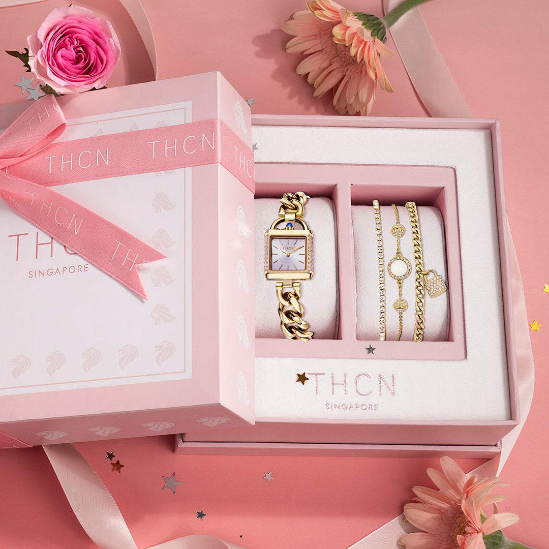 THCN Ladies Gold Watch & White Onyx Bracelets Gift Set