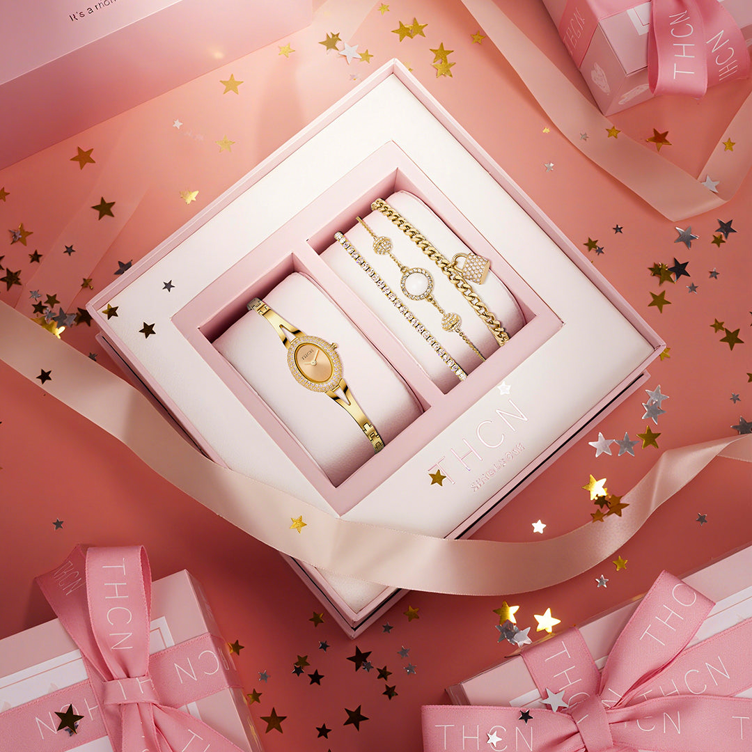 THCN Ladies Gold Watch & White Onyx Bracelets Gift Set