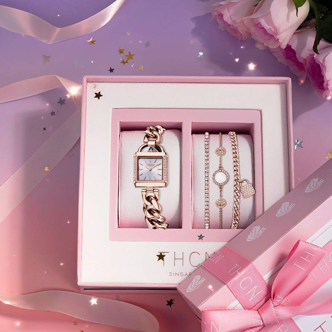 THCN Ladies Rosegold Watch & White Onyx Bracelets Gift Set