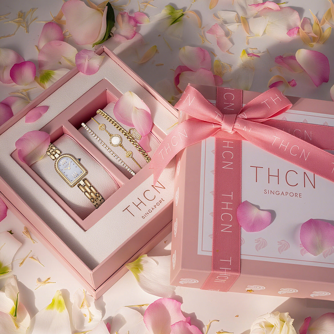 THCN Ladies Gold Watch & White Onyx Bracelets Gift Set
