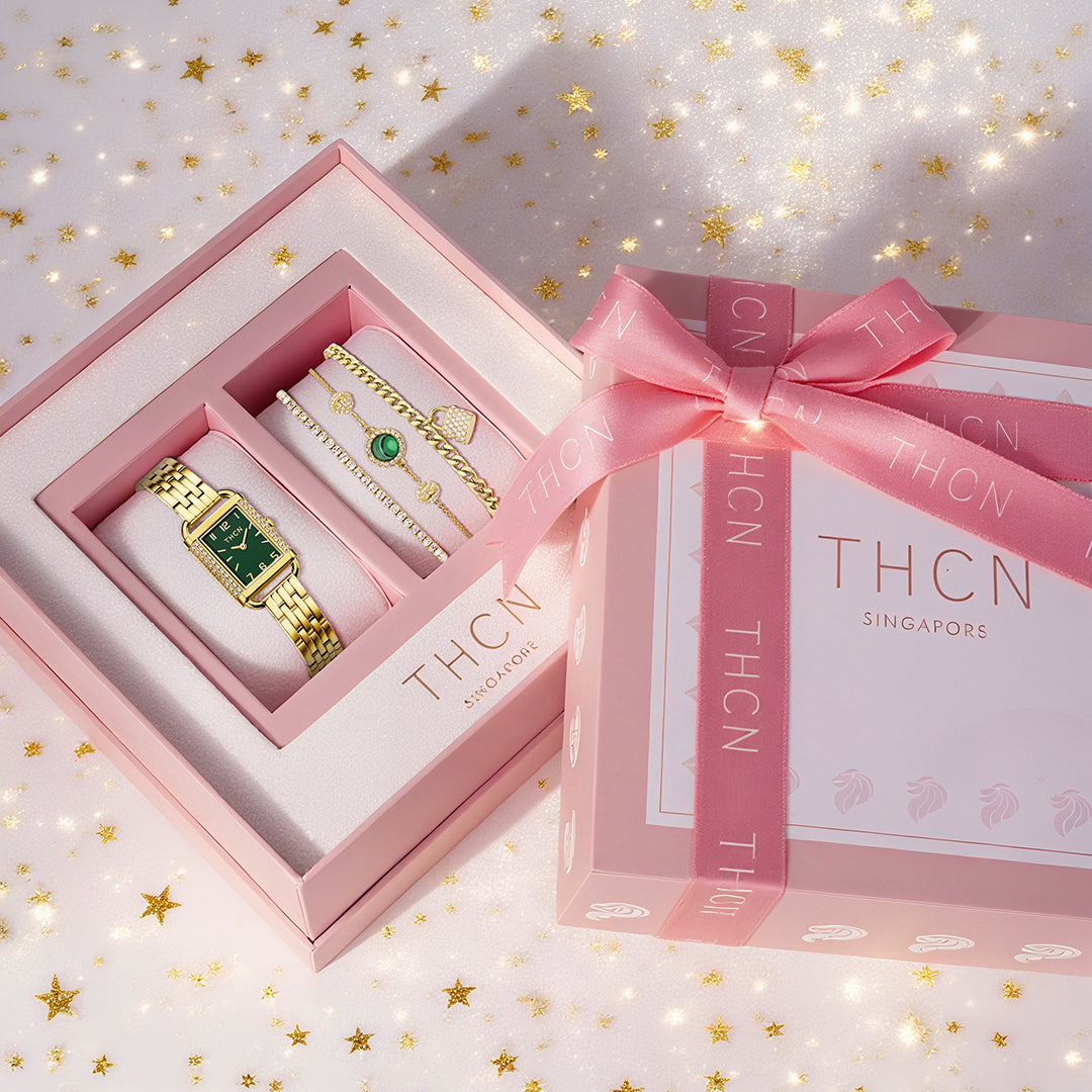 THCN Ladies Gold Watch & Malachite Bracelets Gift Set