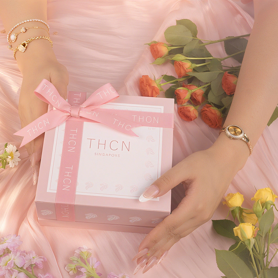 THCN Ladies Gold Watch & White Onyx Bracelets Gift Set