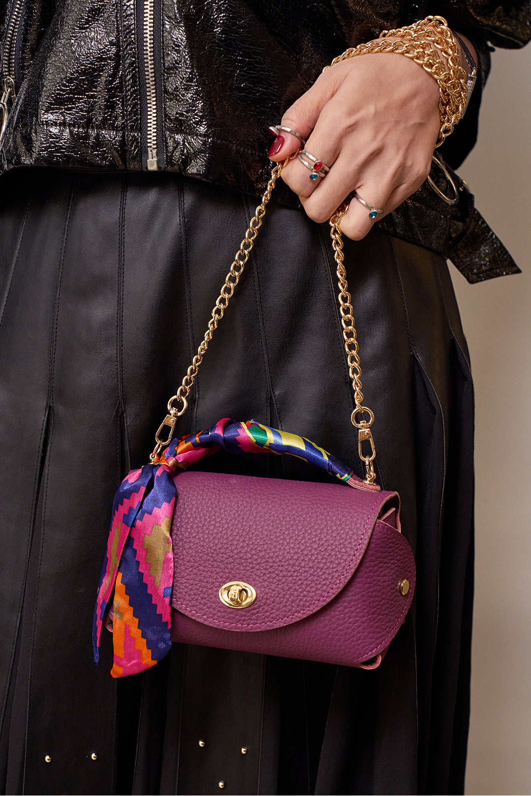 Everly M Genuine Pebble Purple Leather Saddle Bag and Scarf