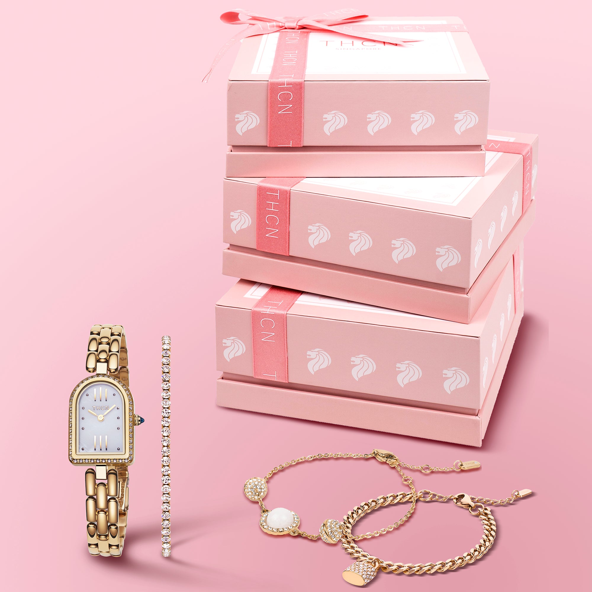 THCN Ladies Gold Watch & White Onyx Bracelets Gift Set