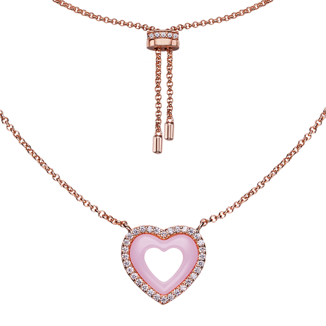 Love Heart Pink Ceramic Necklace 18K Rose Gold Plated