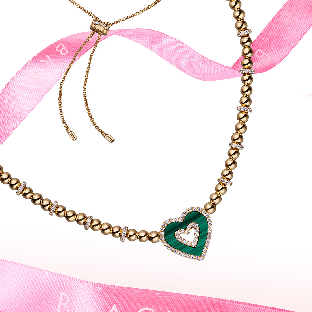 Love Heart Malachite Double Heart Necklace 18K Gold Plated