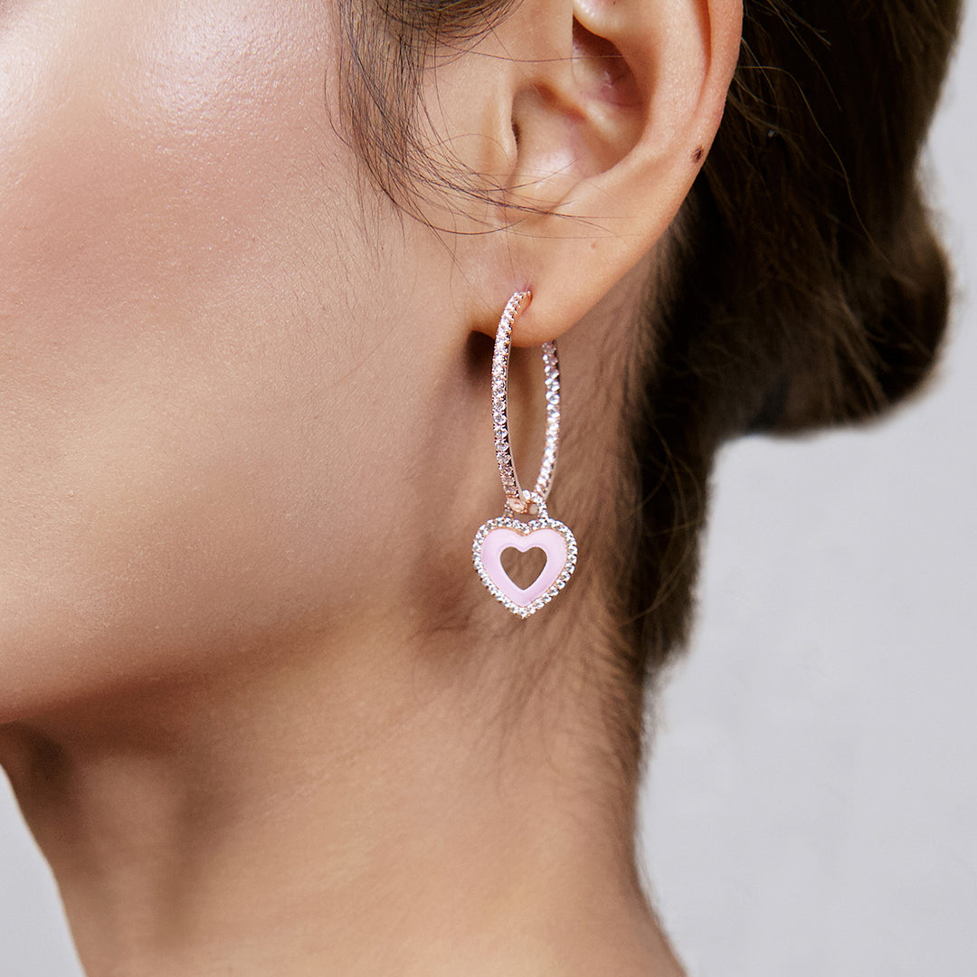 Love Heart Pink Ceramic Earrings 18K Rose Gold Plated 35mm