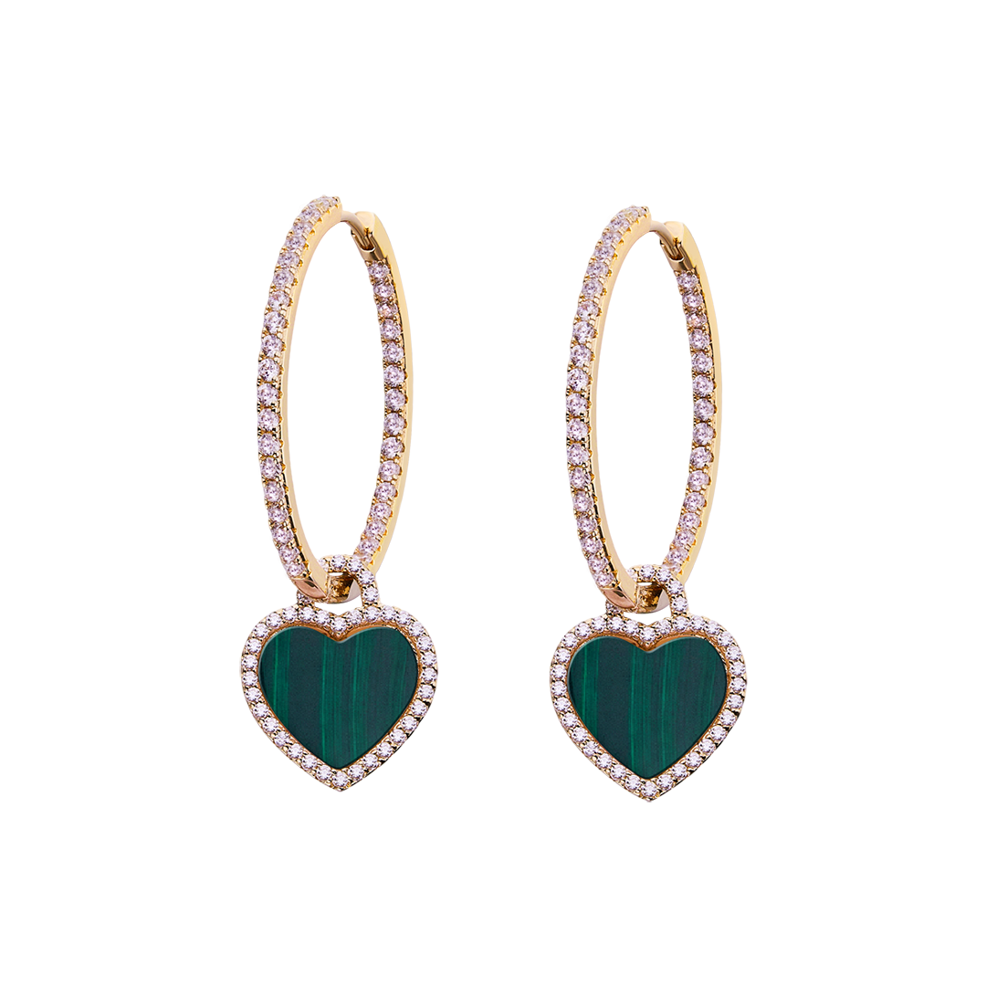 Love Heart Malachite Earrings 18K Gold Plated 35mm