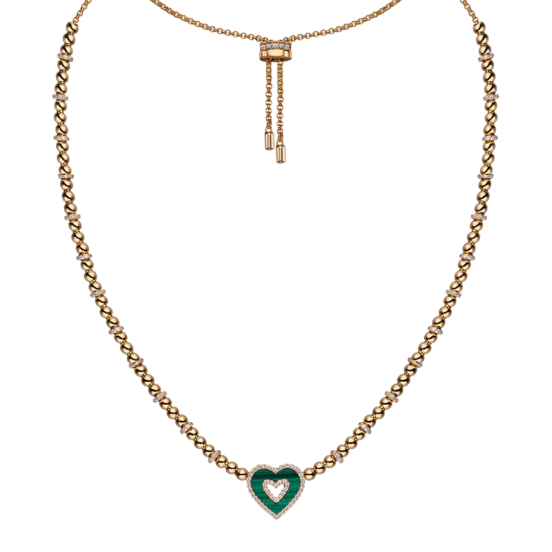 Love Heart Malachite Double Heart Necklace 18K Gold Plated